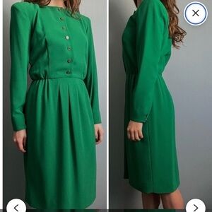 NWOT Vintage Liz Claiborne Green Blouson Pleated Midi Dress Size 8